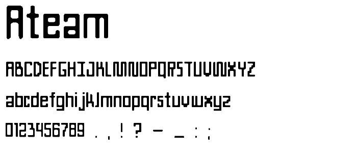 A preview of the ATeam font, showing uppercase, lowercase, and numeric characters