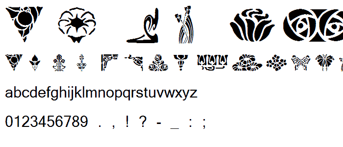 A preview of the ArtNouveau1 font, showing uppercase, lowercase, and numeric characters