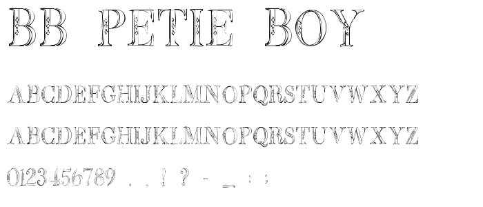 A preview of the BB Petie Boy font, showing uppercase, lowercase, and numeric characters