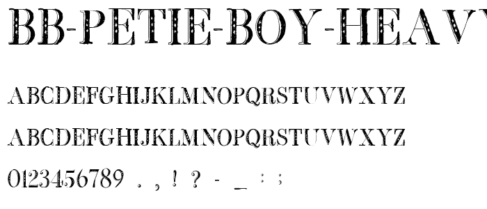 A preview of the BB Petie Boy Heavy font, showing uppercase, lowercase, and numeric characters