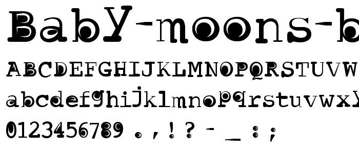 Una vista previa de la fuente Baby Moons Bold, mostrando caracteres en mayúsculas, minúsculas y numéricos