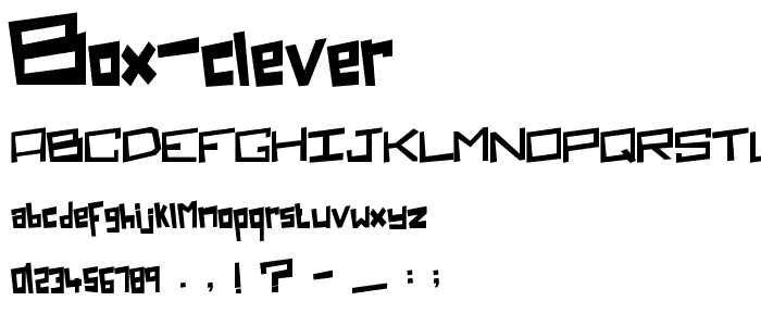 A preview of the Box Clever font, showing uppercase, lowercase, and numeric characters