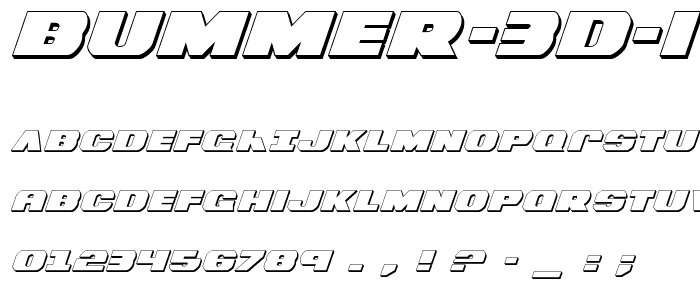 Eine Vorschau der Schriftart Bummer 3D Italic mit Groß-, Klein- und Zahlzeichen