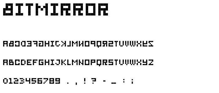 A preview of the bitmirror font, showing uppercase, lowercase, and numeric characters