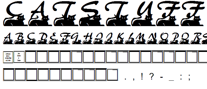 A preview of the Catstuff font, showing uppercase, lowercase, and numeric characters