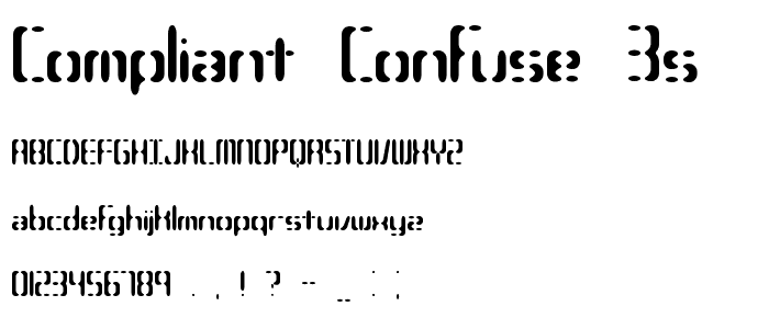 A preview of the Compliant Confuse 3s -BRK- font, showing uppercase, lowercase, and numeric characters