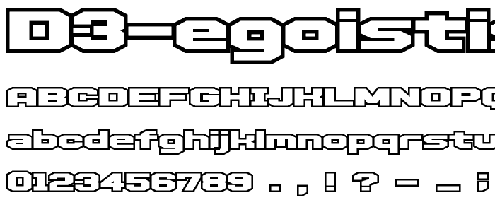 A preview of the D3 Egoistism outline font, showing uppercase, lowercase, and numeric characters