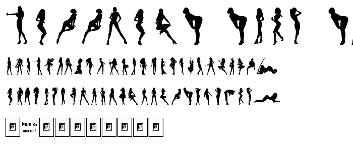 A preview of the Darrians Sexy Silhouettes 3 font, showing uppercase, lowercase, and numeric characters