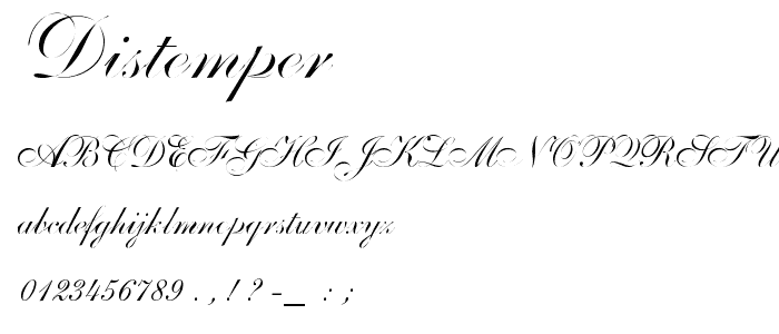 Een voorbeeld van de Distemper font, met uppercase, lowercase, and numeric karacters