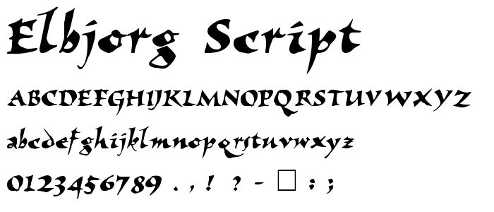 A preview of the Elbjorg Script font, showing uppercase, lowercase, and numeric characters