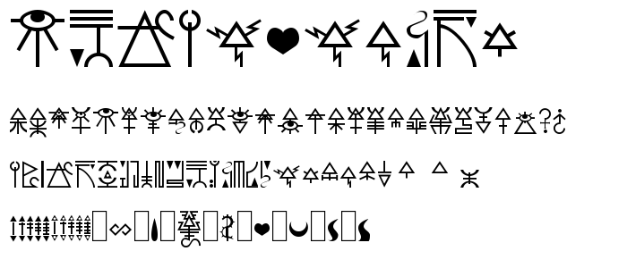 A preview of the Eldar Runes font, showing uppercase, lowercase, and numeric characters