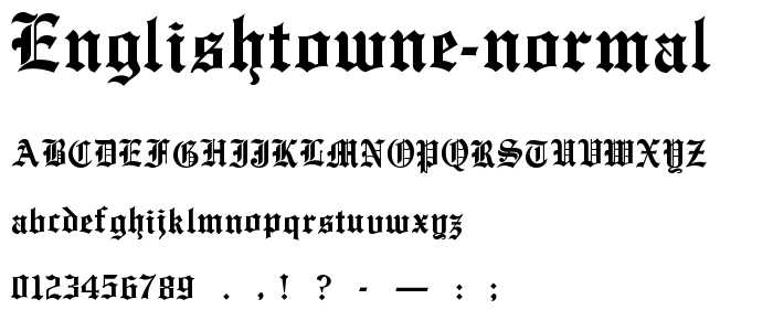 A preview of the EnglishTowne Normal font, showing uppercase, lowercase, and numeric characters