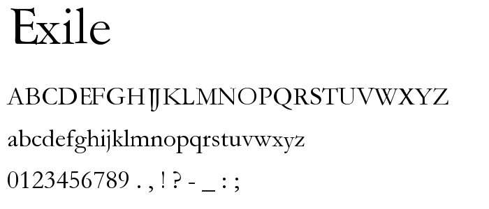 Een voorbeeld van de Exile font, met uppercase, lowercase, and numeric karacters