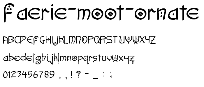 A preview of the Faerie Moot Ornate font, showing uppercase, lowercase, and numeric characters