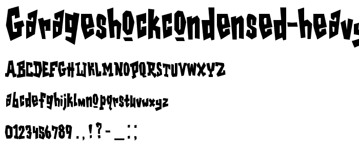A preview of the GarageShockCondensed Heavy font, showing uppercase, lowercase, and numeric characters