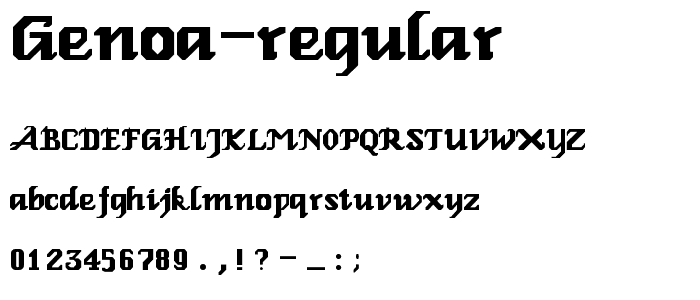 A preview of the Genoa Regular font, showing uppercase, lowercase, and numeric characters