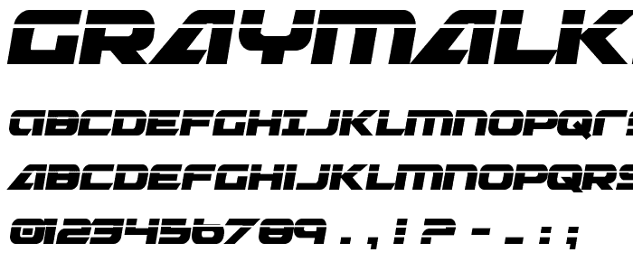 A preview of the Graymalkin Compact Laser Condensed font, showing uppercase, lowercase, and numeric characters