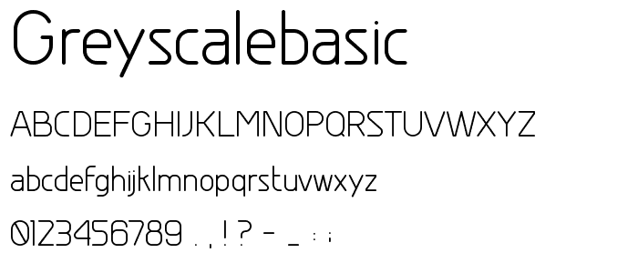 A preview of the GreyscaleBasic font, showing uppercase, lowercase, and numeric characters