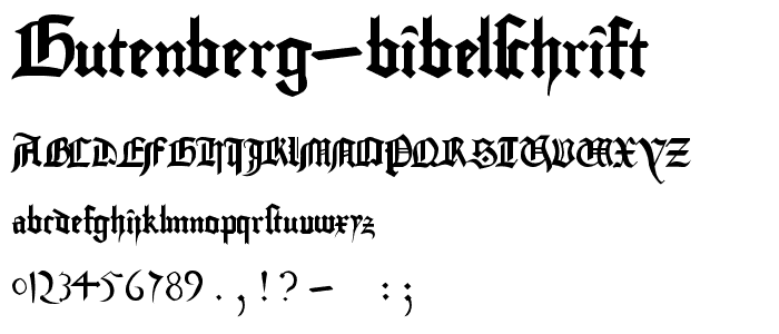 Aperçu de la police gutenberg bibelschrift avec majuscules, minuscules et chiffres