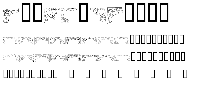 Eine Vorschau der Schriftart KR Corners 2 mit Groß-, Klein- und Zahlzeichen