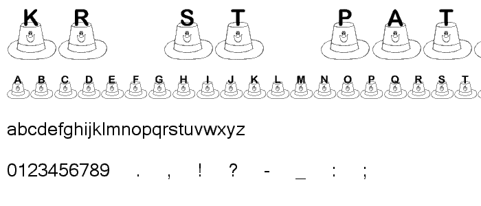 A preview of the KR St Patty s Hat font, showing uppercase, lowercase, and numeric characters