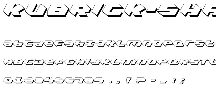 Eine Vorschau der Schriftart Kubrick Shadow Condensed mit Groß-, Klein- und Zahlzeichen