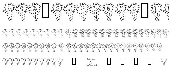 Eine Vorschau der Schriftart LCR Shelbys Flower mit Groß-, Klein- und Zahlzeichen