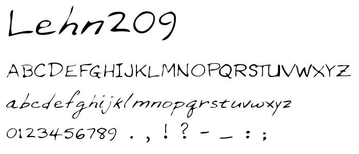 A preview of the LEHN209 font, showing uppercase, lowercase, and numeric characters