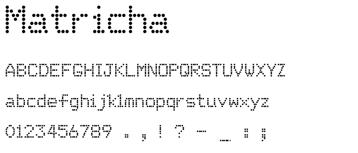 A preview of the Matricha font, showing uppercase, lowercase, and numeric characters