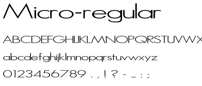 A preview of the Micro Regular font, showing uppercase, lowercase, and numeric characters