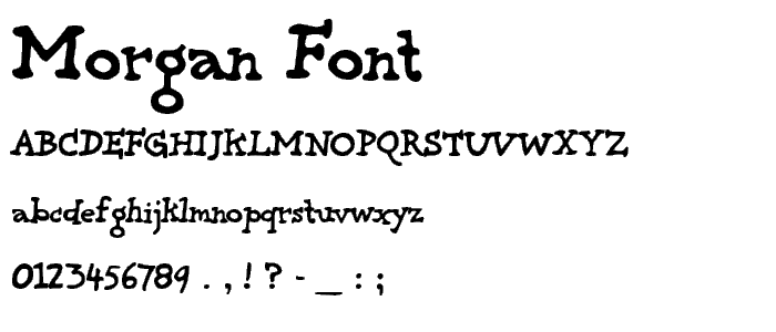 A preview of the Morgan font, showing uppercase, lowercase, and numeric characters