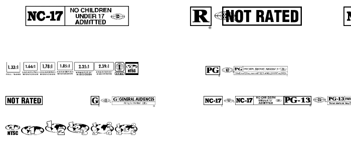 Eine Vorschau der Schriftart MovieRatingsAndFormats mit Groß-, Klein- und Zahlzeichen