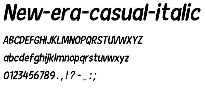 Una vista previa de la fuente New Era Casual Italic, mostrando caracteres en mayúsculas, minúsculas y numéricos