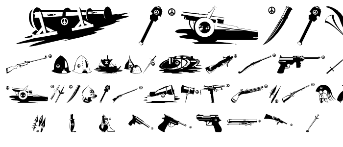 A preview of the PeaceWeapons font, showing uppercase, lowercase, and numeric characters