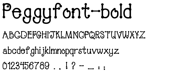 A preview of the PeggyFont Bold font, showing uppercase, lowercase, and numeric characters