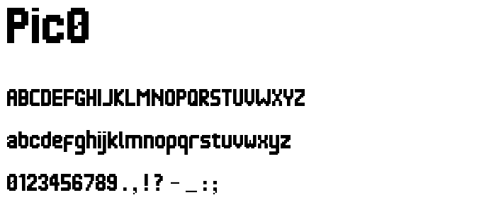 A preview of the Pic0 font, showing uppercase, lowercase, and numeric characters