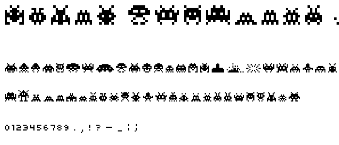 A preview of the Pixel Invaders Regular font, showing uppercase, lowercase, and numeric characters