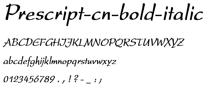Eine Vorschau der Schriftart Prescript Cn Bold Italic mit Groß-, Klein- und Zahlzeichen