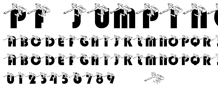 Eine Vorschau der Schriftart pf_jumping_in_ole_waterhole mit Groß-, Klein- und Zahlzeichen