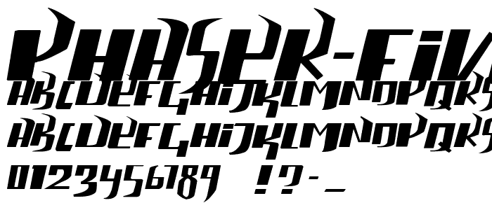 A preview of the phaser five font, showing uppercase, lowercase, and numeric characters