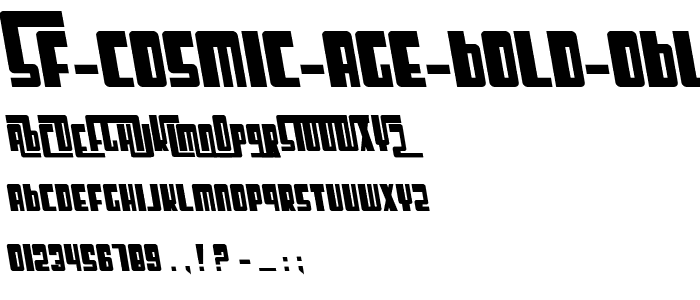 A preview of the SF Cosmic Age Bold Oblique font, showing uppercase, lowercase, and numeric characters