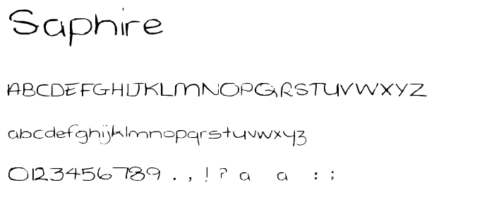 Eine Vorschau der Schriftart Saphire mit Groß-, Klein- und Zahlzeichen