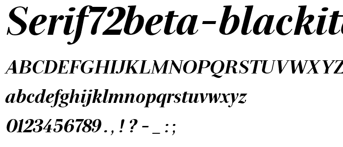 A preview of the Serif72Beta BlackItalic font, showing uppercase, lowercase, and numeric characters