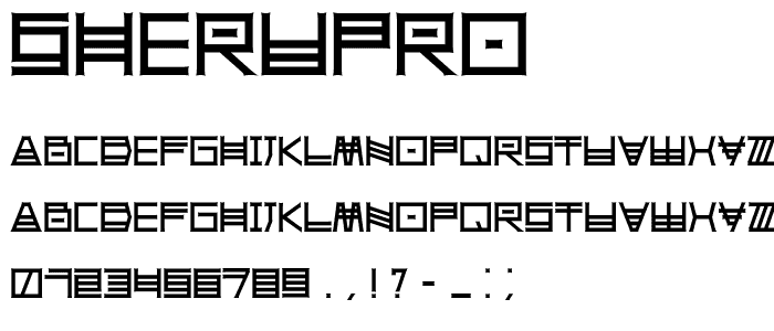 A preview of the SheruPro font, showing uppercase, lowercase, and numeric characters