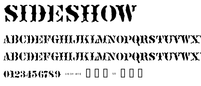 A preview of the Sideshow font, showing uppercase, lowercase, and numeric characters