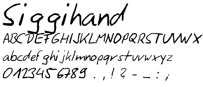 A preview of the SiggiHand font, showing uppercase, lowercase, and numeric characters