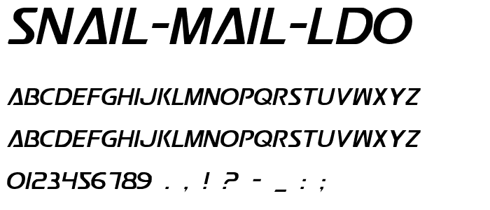 Eine Vorschau der Schriftart Snail Mail LDO mit Groß-, Klein- und Zahlzeichen