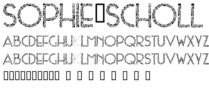 Een voorbeeld van de Sophie Scholl font, met uppercase, lowercase, and numeric karacters
