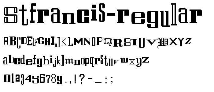 A preview of the StFrancis Regular font, showing uppercase, lowercase, and numeric characters
