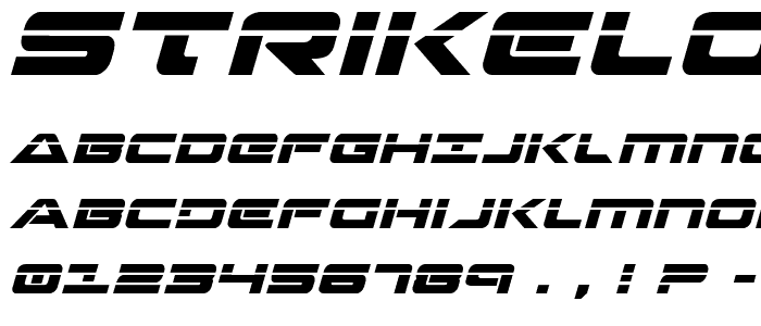 A preview of the Strikelord Laser Italic font, showing uppercase, lowercase, and numeric characters